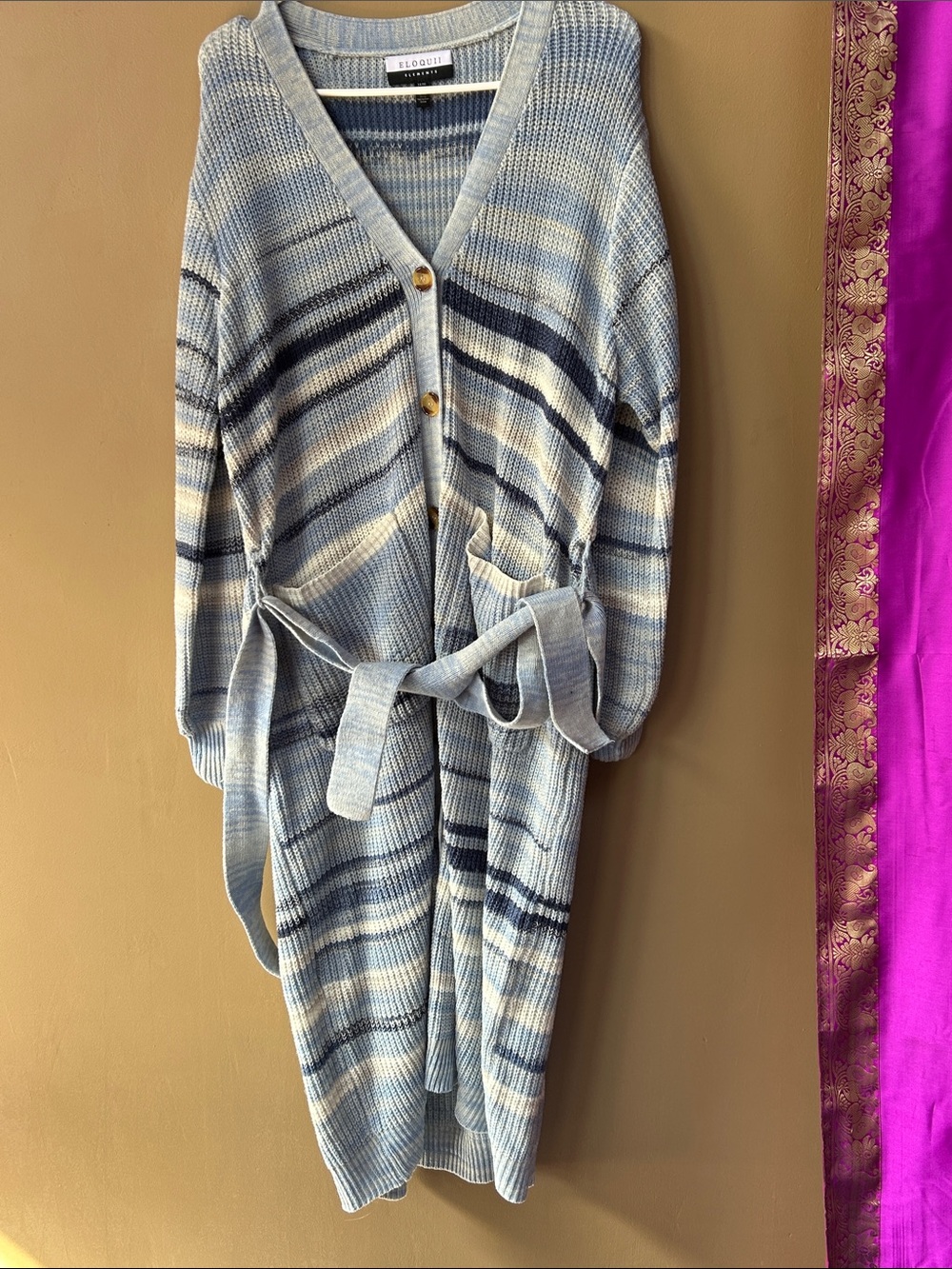 Eloquii Sky Blue, Navy & Cream Striped Belted Knit Cardigan Dress